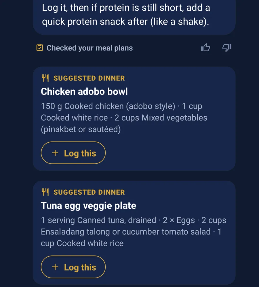 Fury suggests a chicken adobo bowl and a tuna egg veggie plate for dinner, each with a Log this button