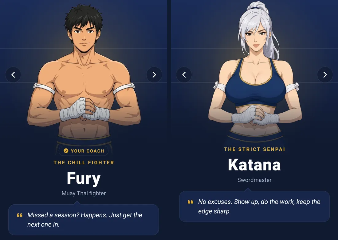 The Choose your coach screen showing Fury, the chill fighter, and Katana, the strict senpai