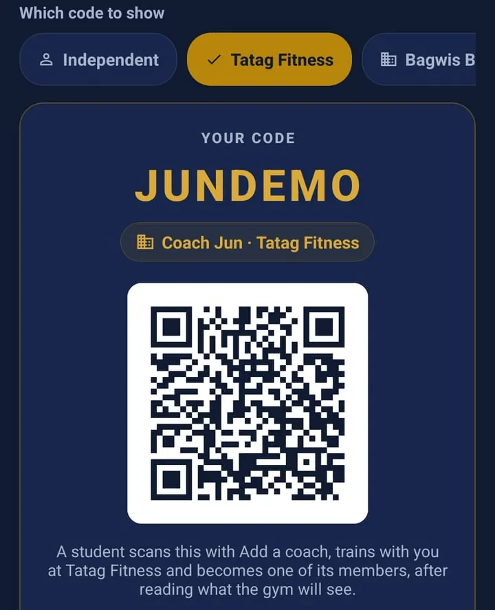 A coach's code and QR on the Students tab