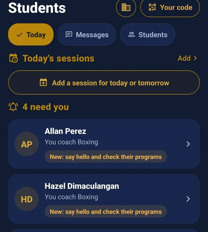 The Students tab showing who needs the coach today