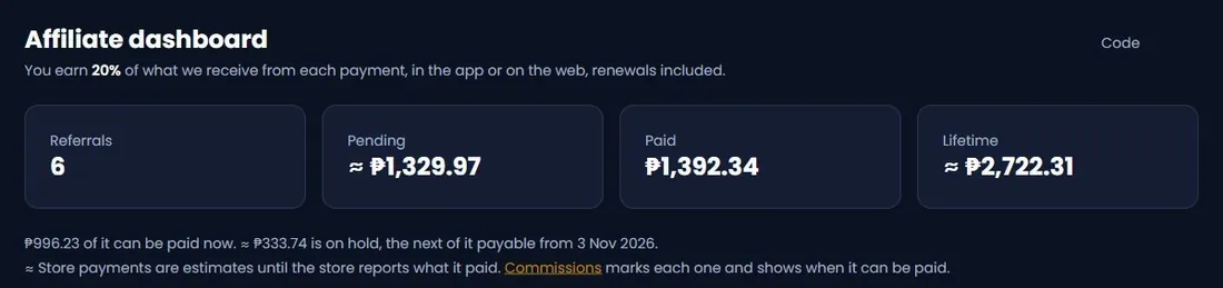 A partner's dashboard with referrals and earnings